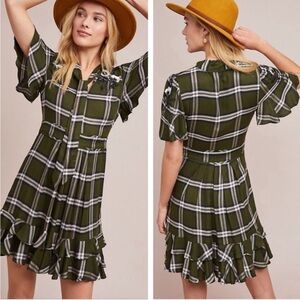 Anthropologie Ranna Gill Olivia Plaid Dress in Olive Green Sz S